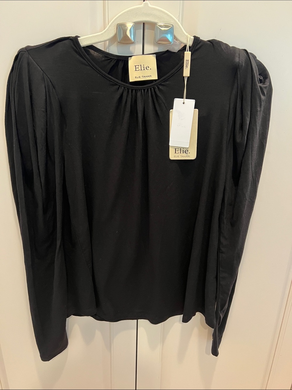 Elie Tahari Black Long-Sleeve Gathered Neck Tee small shoulder pad